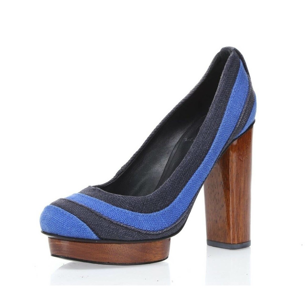 Tory Burch Joelle Blue Stripe Wood Heel Platform Fabric Pumps
